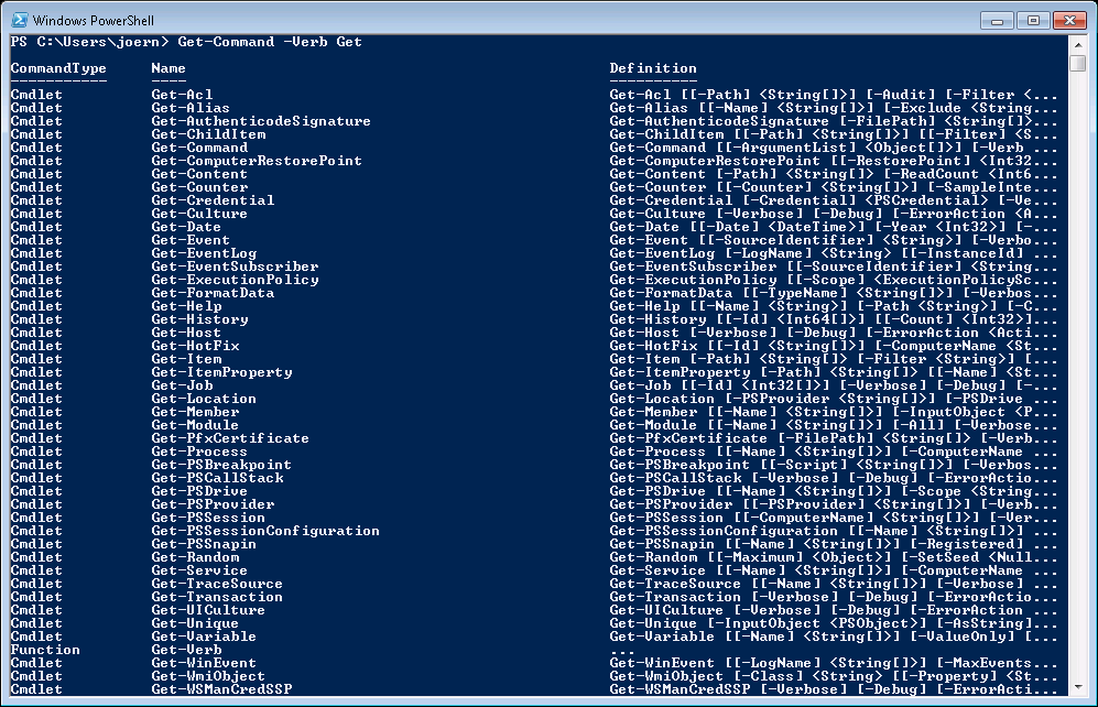 cmdlets with verb "Get"