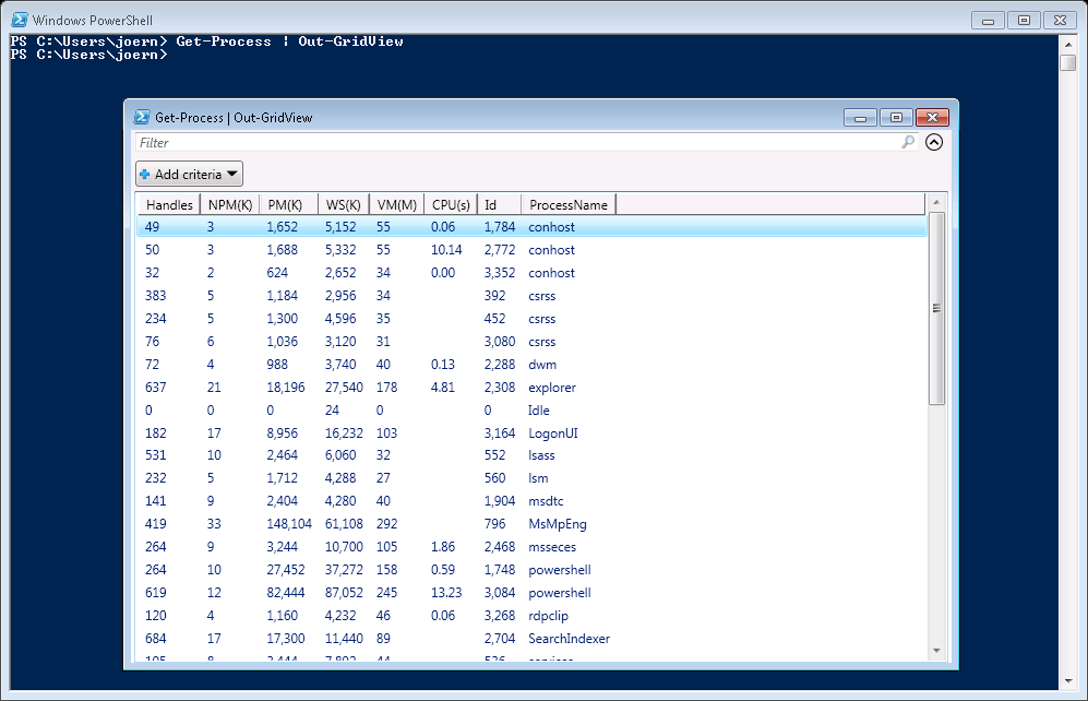 spreadsheet display of objects